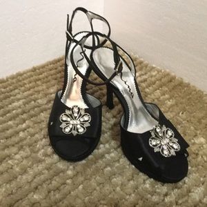 Nina Black Satin Peep Toe With Rhinestone  Hardware Dressy Heels